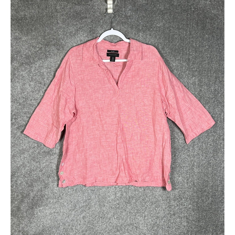 Tahari Linen Collared V-Neck Top Womens Size 1X Red Buttoned Side Slits